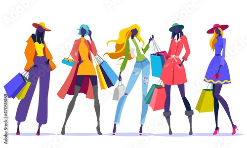 Women silhouettes with shopping bags. Winter fashion clothes. Colorful vector illustration