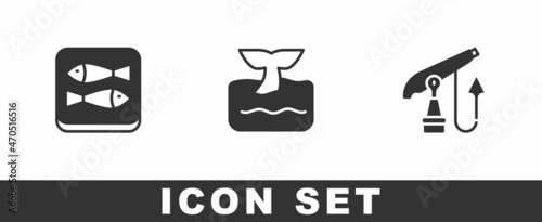 Set Canned fish, Whale tail in ocean wave and Fishing harpoon icon. Vector