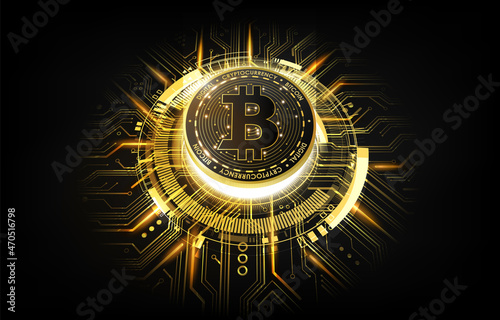 Golden bitcoin digital currency, futuristic digital money on circuit board background, Technology cryptocurrency concept, vector illustration