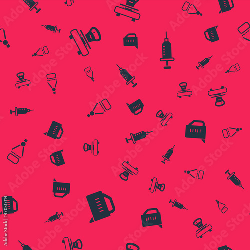 Set Measuring cup, Scales, Drawing compass and Syringe on seamless pattern. Vector