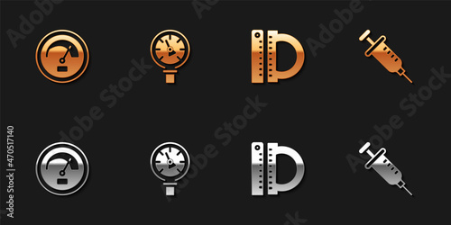 Set Speedometer, Pressure water, Protractor and ruler and Syringe icon. Vector