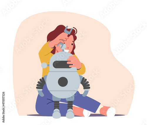 Child Character Enjoying Science Lesson, Create Engineering Project, Programming Smart Robot at Class or Workshop