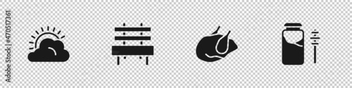 Set Sun and cloud weather, Bench, Roasted turkey or chicken and Jar of honey dipper stick icon. Vector