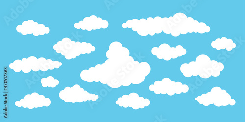 Clouds vector weather icon set isolated on blue heaven background. Cartoon white clouds shape collection for 2d sky scene and backgrounds. Flat design clip art vector illustration.