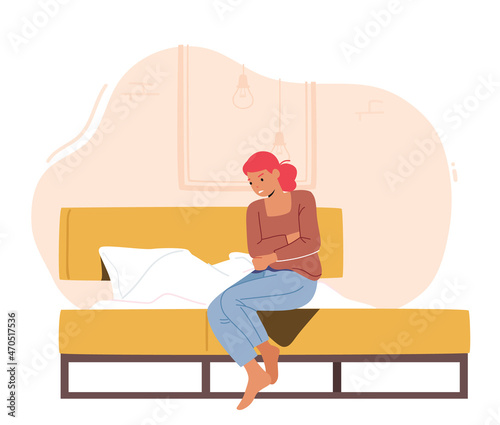 Health Problem, Stomach Disease Symptoms. Female Character Feeling Strong Abdominal Pain. Woman Touch Belly