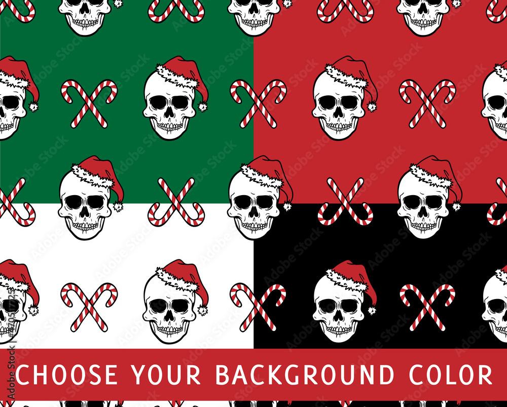 Pattern illustration in front view of a human skull with Christmas hat, an evil Santa Claus