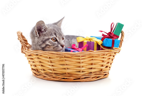 Kitten in the basket and gifts.