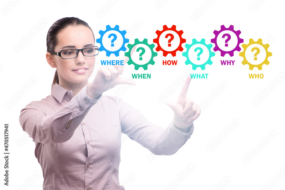 Concept of many different questions asked with businesswoman Concept of many different questions asked with businesswoman