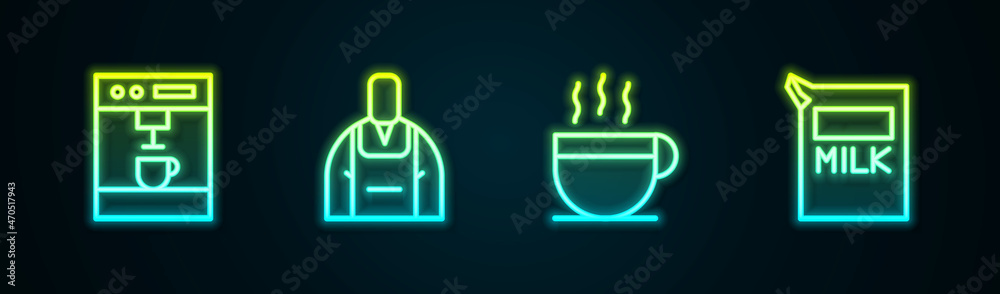 Set line Coffee machine, Barista, cup and Paper package for milk. Glowing neon icon. Vector Set line Coffee machine, Barista, cup and Paper package for milk. Glowing neon icon. Vector