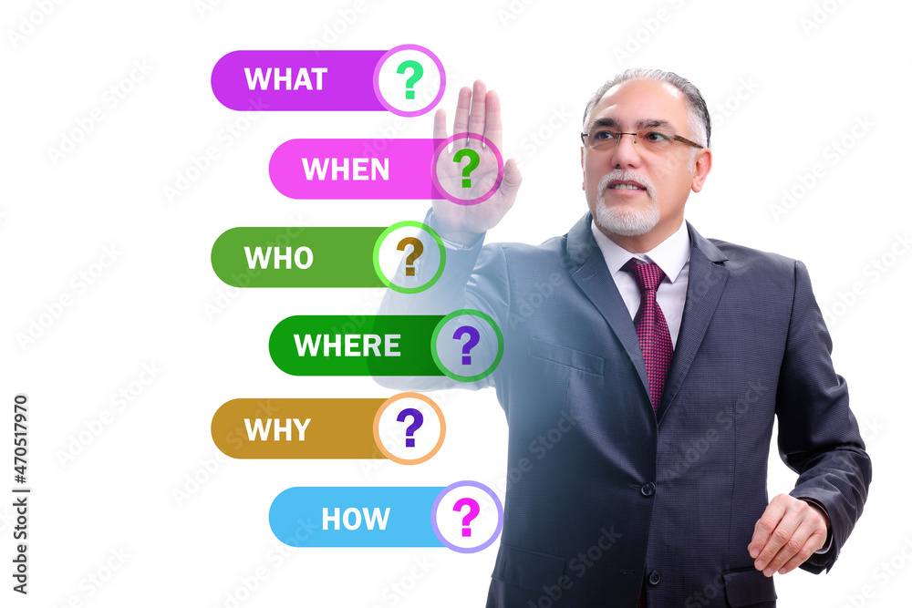 Concept of many different questions asked with businessman Concept of many different questions asked with businessman