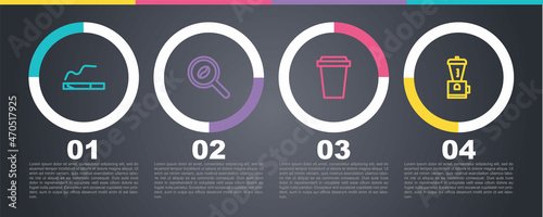 Set line Cigarette, Selection coffee beans, Coffee cup to go and Electric grinder. Business infographic template. Vector