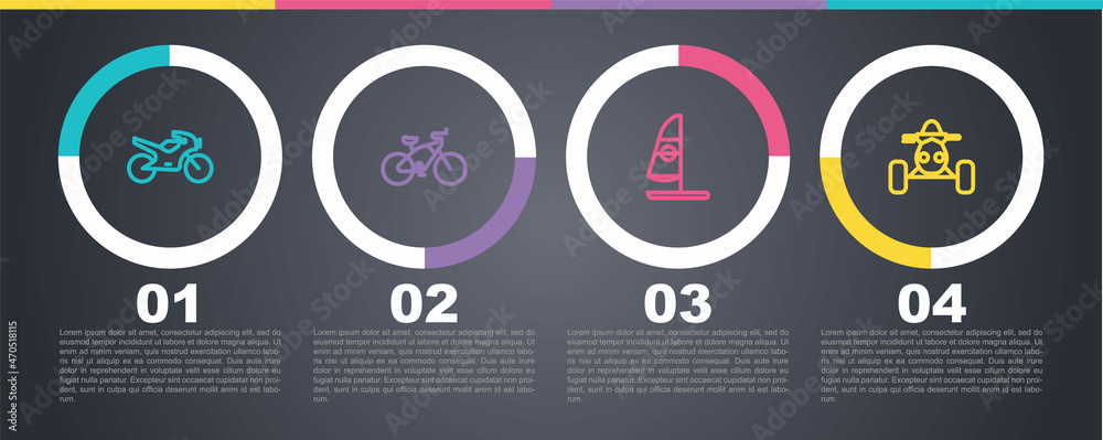 Set line Motorcycle, Bicycle, Windsurfing and ATV motorcycle. Business infographic template. Vector Set line Motorcycle, Bicycle, Windsurfing and ATV motorcycle. Business infographic template. Vector