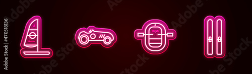 Set line Windsurfing, Vintage sport racing car, Rafting boat and Ski and sticks. Glowing neon icon. Vector