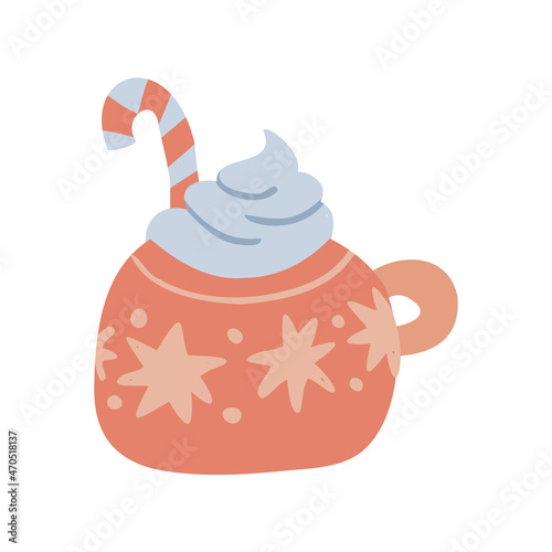 Hot chocolate with Christmas Candy Cane and whipped cream in red cute mug with snowflakes or stars. Vector flat hand drawn Illustration. Only 5 colors - Easy to recolor.
