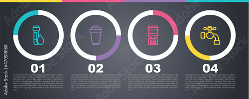 Set line Test tube with water drop, Water filter cartridge, cooler and tap. Business infographic template. Vector