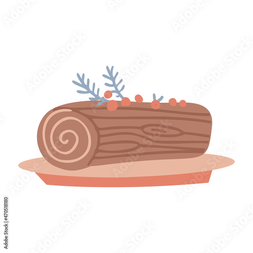 Christmas chocolate yule log with cream swirl and red berries decoration on a plate. Freehand isolated element. Vector flat hand drawn Illustration. Only 5 colors - Easy to recolor.