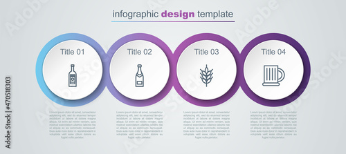 Set line Glass bottle of vodka, Champagne, Hop and Wooden beer mug. Business infographic template. Vector
