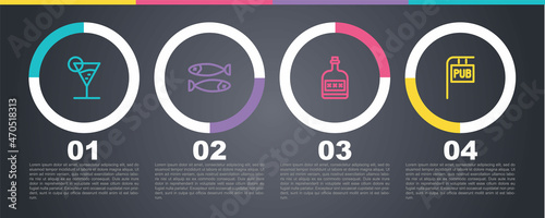 Set line Martini glass, Dried fish, Alcohol drink Rum bottle and Street signboard with Pub. Business infographic template. Vector