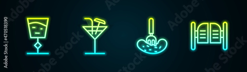 Set line Wine glass, Cocktail, Pickled cucumber on fork and Saloon door. Glowing neon icon. Vector