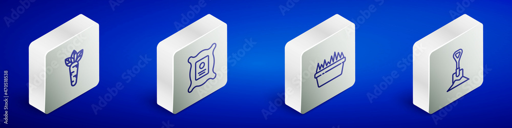Set Isometric line Carrot, Pack full of seeds of plant, Fresh grass in rectangular and Shovel the ground icon. Vector Set Isometric line Carrot, Pack full of seeds of plant, Fresh grass in rectangular and Shovel the ground icon. Vector