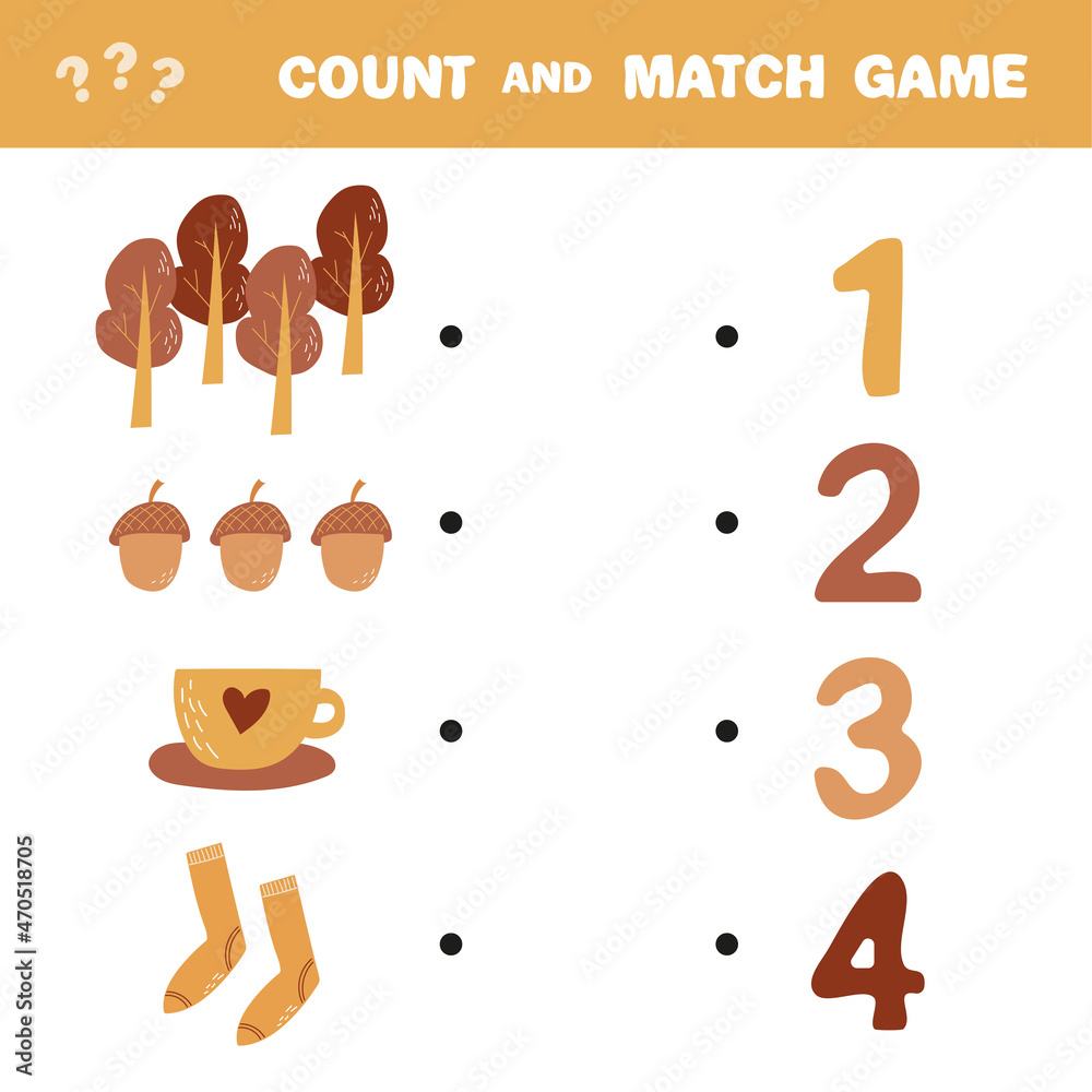 Count and match game. Count the amount autumn items and match with right numbers. Educational math game for kid. Learning to count. Matching worksheet Count and match game. Count the amount autumn items and match with right numbers. Educational math game for kid. Learning to count. Matching worksheet