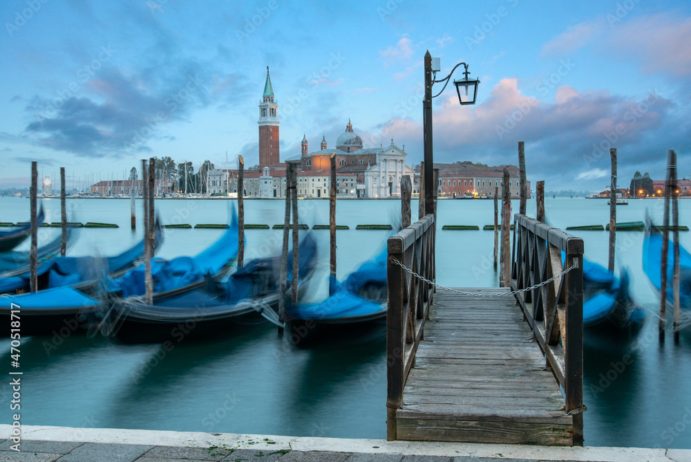 Moored Gondolas during High Tide at the St Marks Square in the Early Evening, Venice