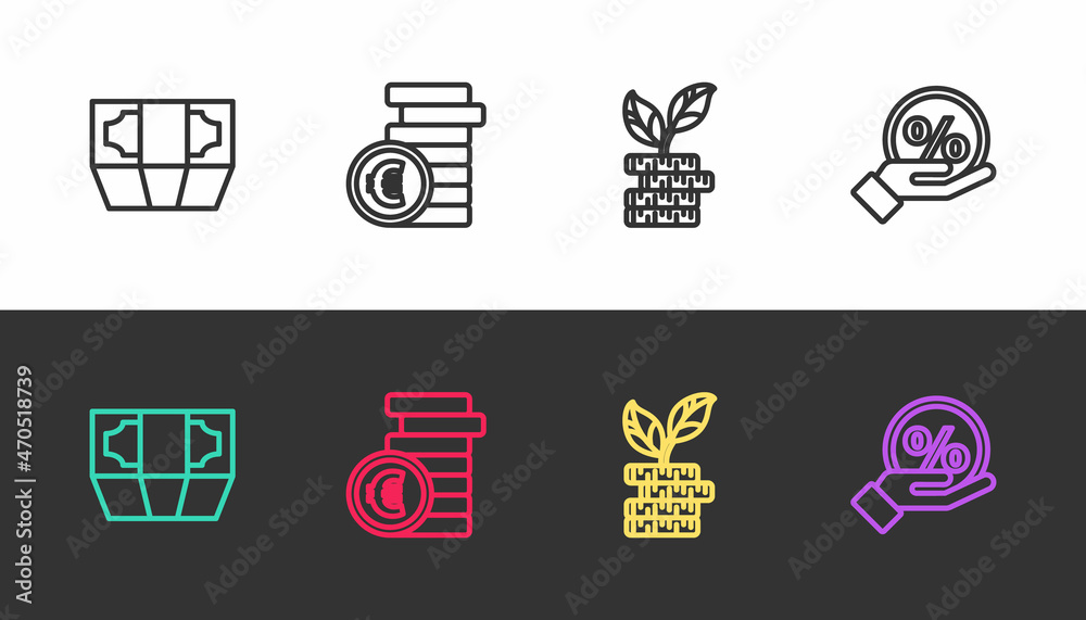 Set line Stacks paper money cash, Coin with euro symbol, Dollar plant and Discount percent tag on black and white. Vector Set line Stacks paper money cash, Coin with euro symbol, Dollar plant and Discount percent tag on black and white. Vector