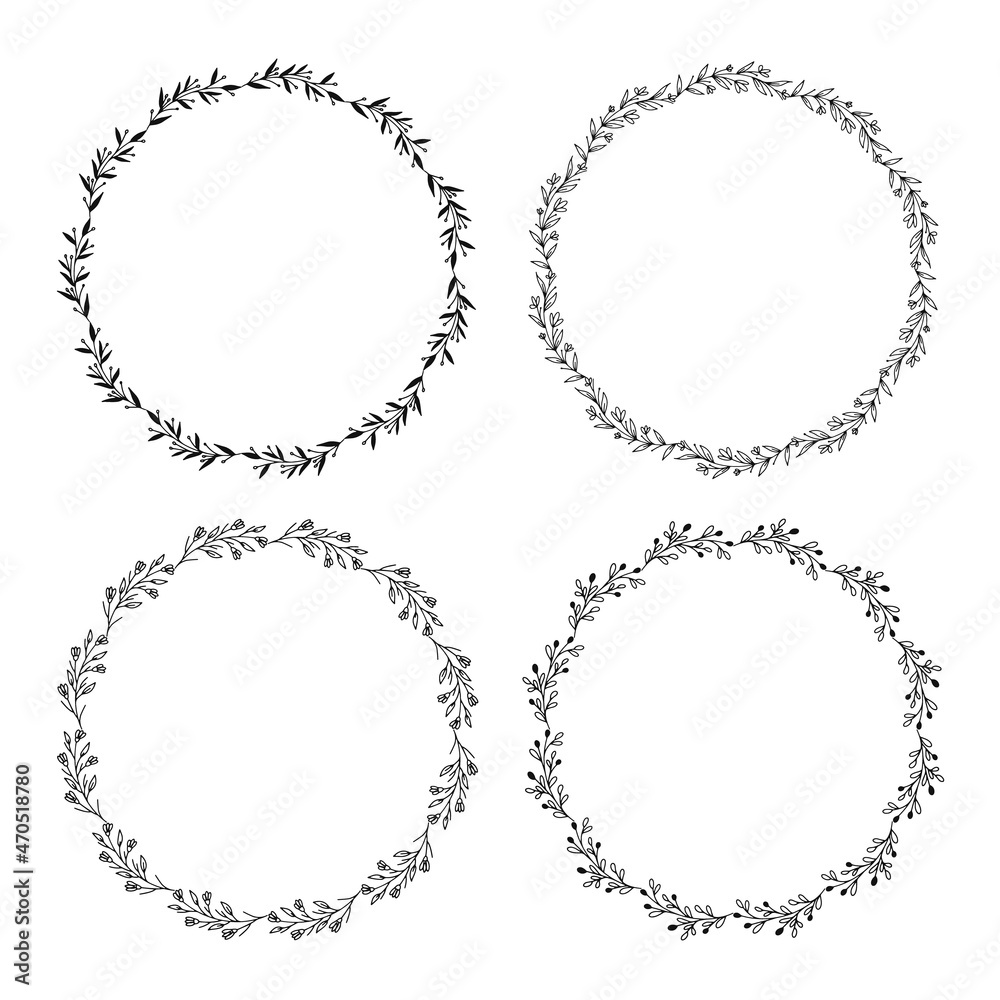Set of Hand sketched vector wreaths with floral elements, flowers and leaves. For invitations, greeting cards, quotes, blogs, Wedding frames, posters. Isolated on white