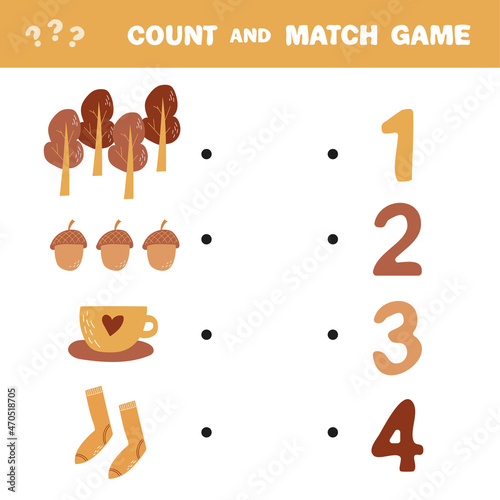 Count and match game. Count the amount autumn items and match with right numbers. Educational math game for kid. Learning to count. Matching worksheet