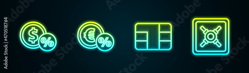 Set line Money coin with percent, , Credit card chip and Safe. Glowing neon icon. Vector