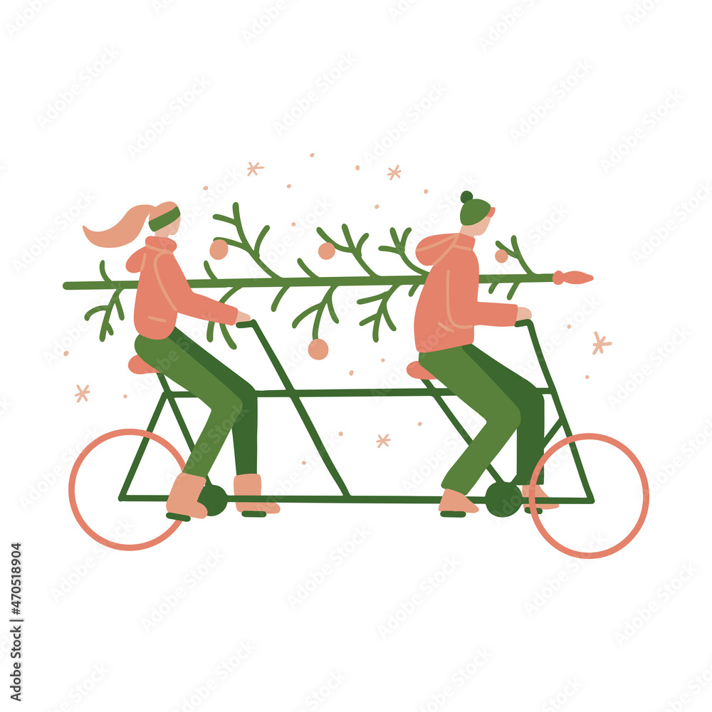 Obraz premium Christmas mood of funy family couple. Woman ride on tandem bicycle with man transportation christmas tree. Happy holidays concept. Vector flat hand drawn Illustration. Only 5 colors, Easy to recolor.