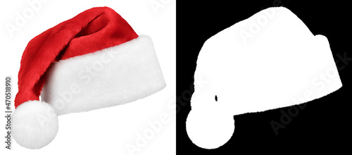 Santa Claus hat or christmas red cap isolated on white background with high quality clipping mask (alpha channel) for quick isolation.