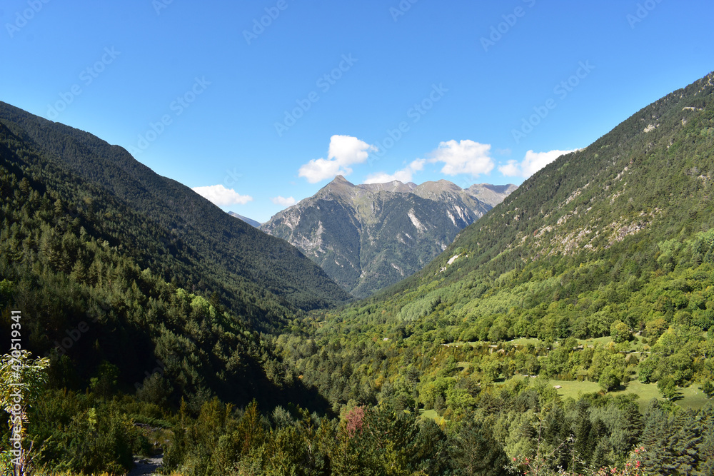 Beautiful mountains, green valley.Bright breathtaking,thrilling view in summer,sunny weather.Pyrrenees,Europe.Copy space.Aiguestortes national park, Spain