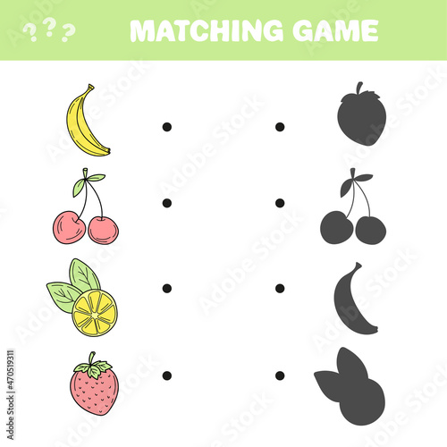 Matching game. Find the correct shadow of berries and fruits. Game for children. Educational math game for kids.