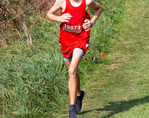 Obraz na plátně Runner racing on a grass downhill during a high school cross country 5K
