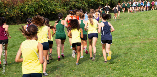 Many high school girls running uphill during a cross country race