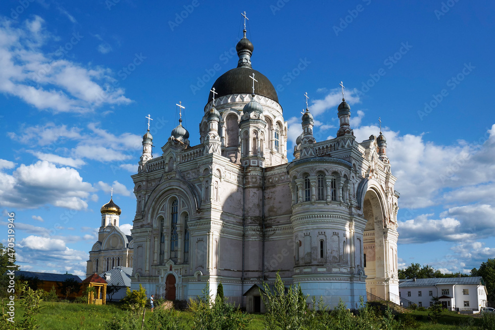 Russia, Tver region, Vyshny Volochyok. Cathedral of the Kazan Icon of the Mother of God in orthodox women's Monastery. Architectural, historical and religious landmark. Summer, sunny day, blue sky