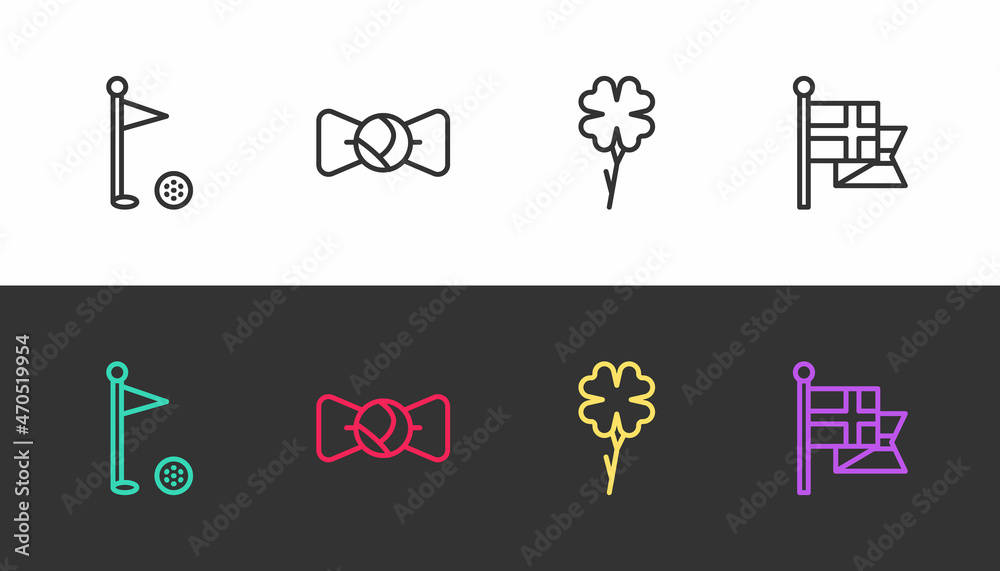 Set line Golf flag, Bow tie, Four leaf clover and England on flagpole on black and white. Vector Set line Golf flag, Bow tie, Four leaf clover and England on flagpole on black and white. Vector