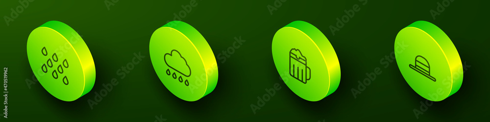 Set Isometric line Water drop, Cloud with rain, Wooden beer mug and Elegant women hat icon. Vector Set Isometric line Water drop, Cloud with rain, Wooden beer mug and Elegant women hat icon. Vector