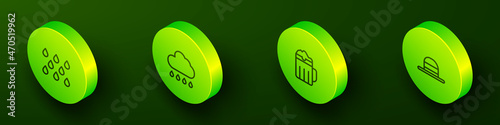 Set Isometric line Water drop, Cloud with rain, Wooden beer mug and Elegant women hat icon. Vector