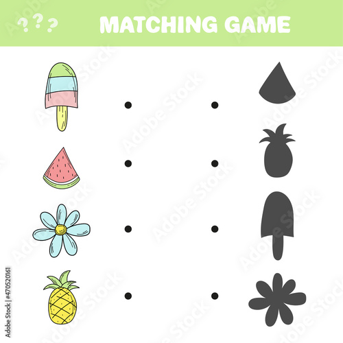 Matching game. Find the correct shadow of summer items. Game for children. Educational math game for kids.