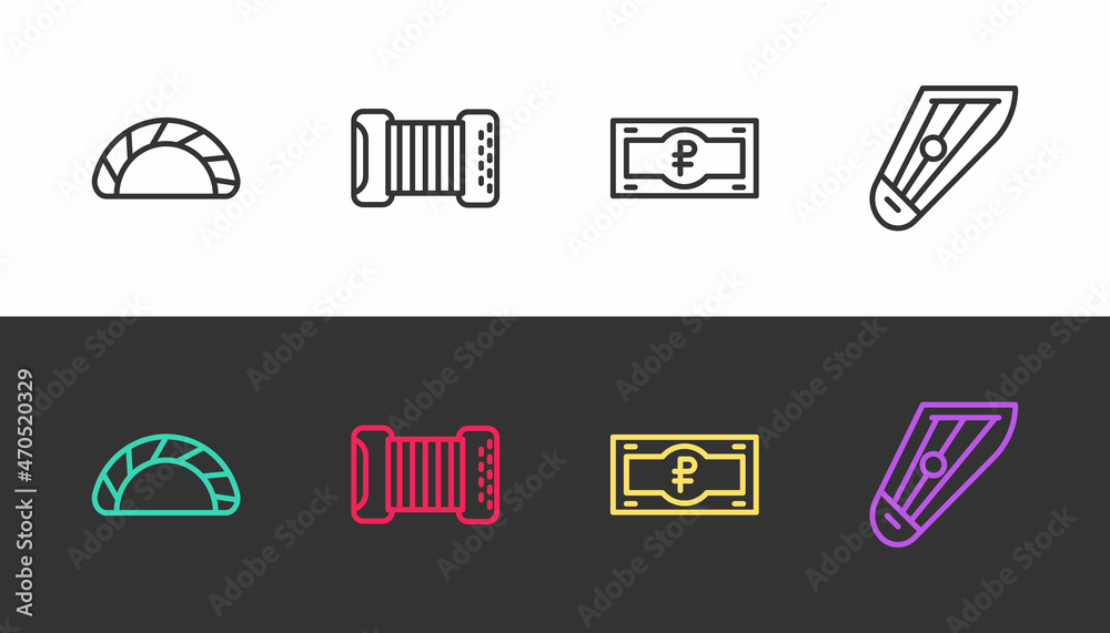 Set line Dumpling, Accordion, Russian ruble banknote and Kankles on black and white. Vector Set line Dumpling, Accordion, Russian ruble banknote and Kankles on black and white. Vector