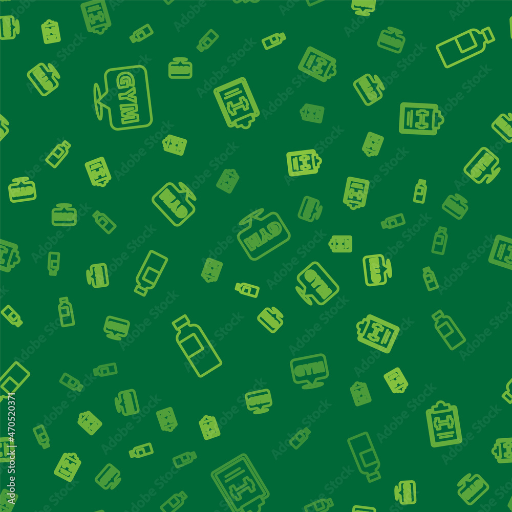 Set line Location gym, Fitness shaker and Sport training program on seamless pattern. Vector Set line Location gym, Fitness shaker and Sport training program on seamless pattern. Vector