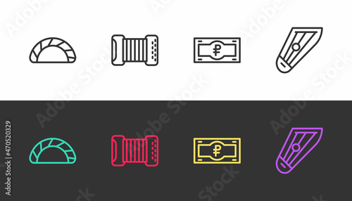 Set line Dumpling, Accordion, Russian ruble banknote and Kankles on black and white. Vector