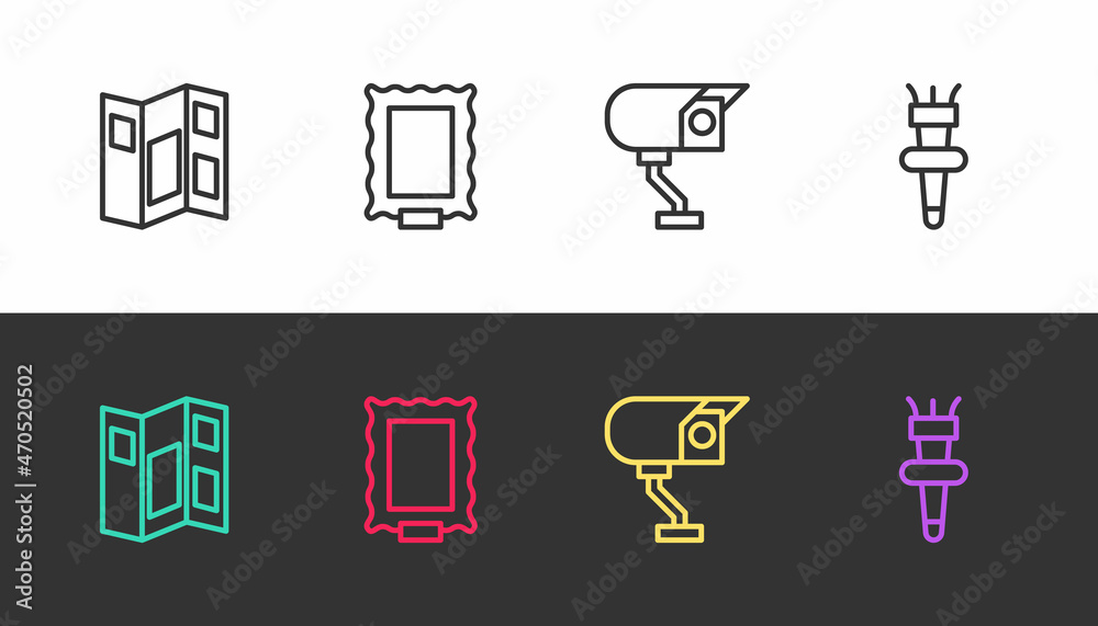 Set line Museum guide brochure, Picture, Security camera and Torch flame on black and white. Vector Set line Museum guide brochure, Picture, Security camera and Torch flame on black and white. Vector
