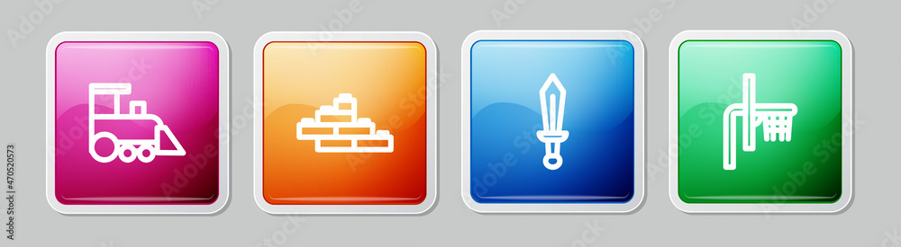 Set line Toy train, building block bricks, Sword toy and Basketball backboard. Colorful square button. Vector