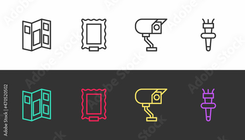 Set line Museum guide brochure, Picture, Security camera and Torch flame on black and white. Vector