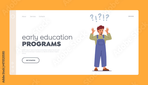 Early Education Program Landing Page Template. Surprised Child with Big Question and Exclamation Marks over Head