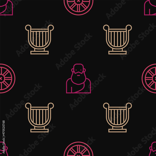 Set line Old wooden wheel, Ancient lyre and Socrates on seamless pattern. Vector