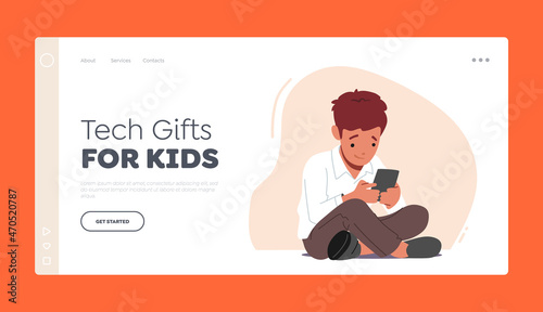 Tech Gifts for Kids Landing Page Template. Little Boy Character with Smartphone, Child Using Gadgets, Kid Education